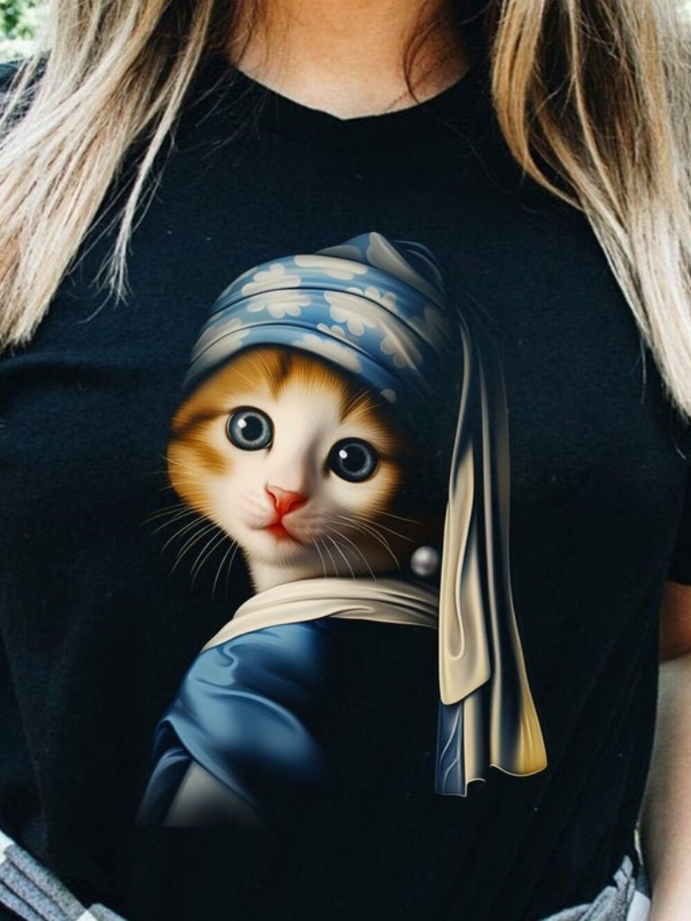 Cat with Pearl Earring T-shirt, Funny Art Cat Tee